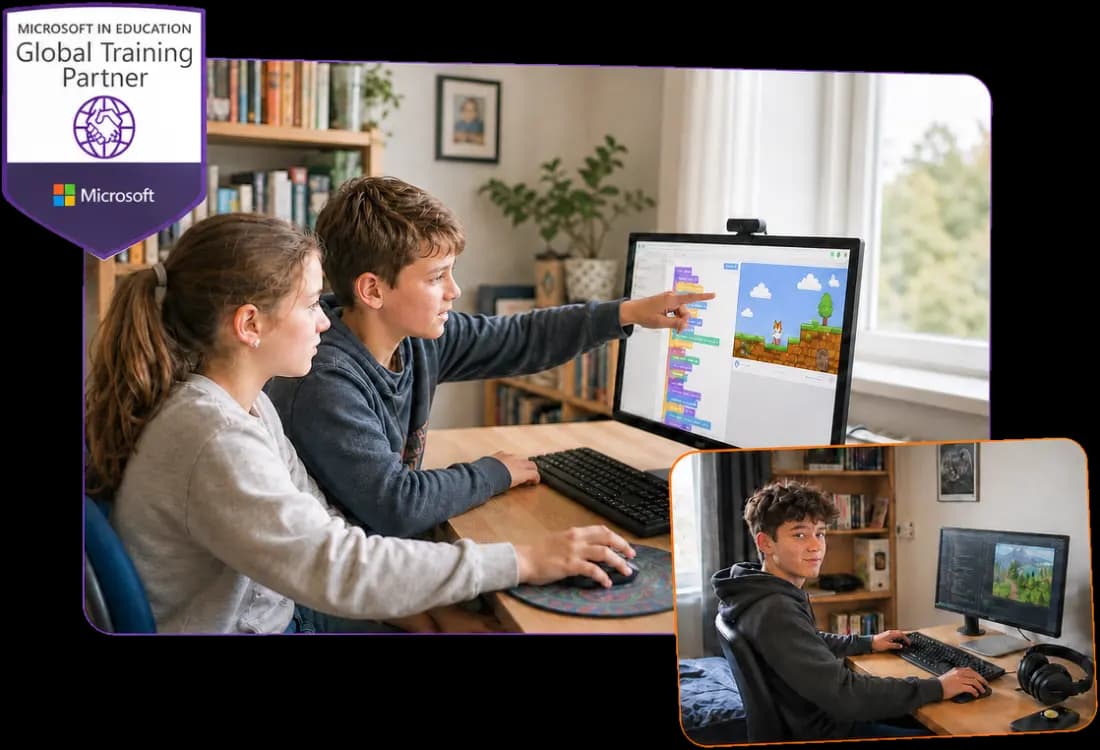 Niño sonriente frente a una laptop tras una clase de programación